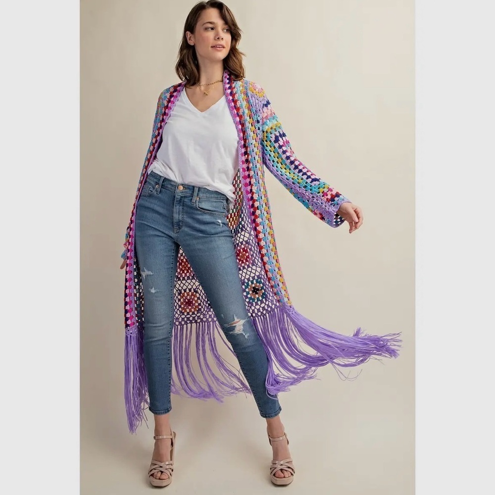 Sweet Generis S/M Purple Multi Crochet Fringe Cardigan Grannycore Cottagecore